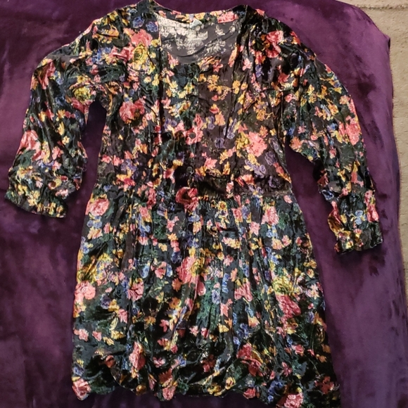 90's Vintage VELOUR FLOWER HIPPIE DRESS - Picture 1 of 6